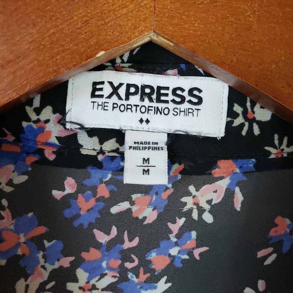 Express Portofino Blouse Shirt Women's Medium Black Floral Long Tab Sleeve - Picture 2 of 11